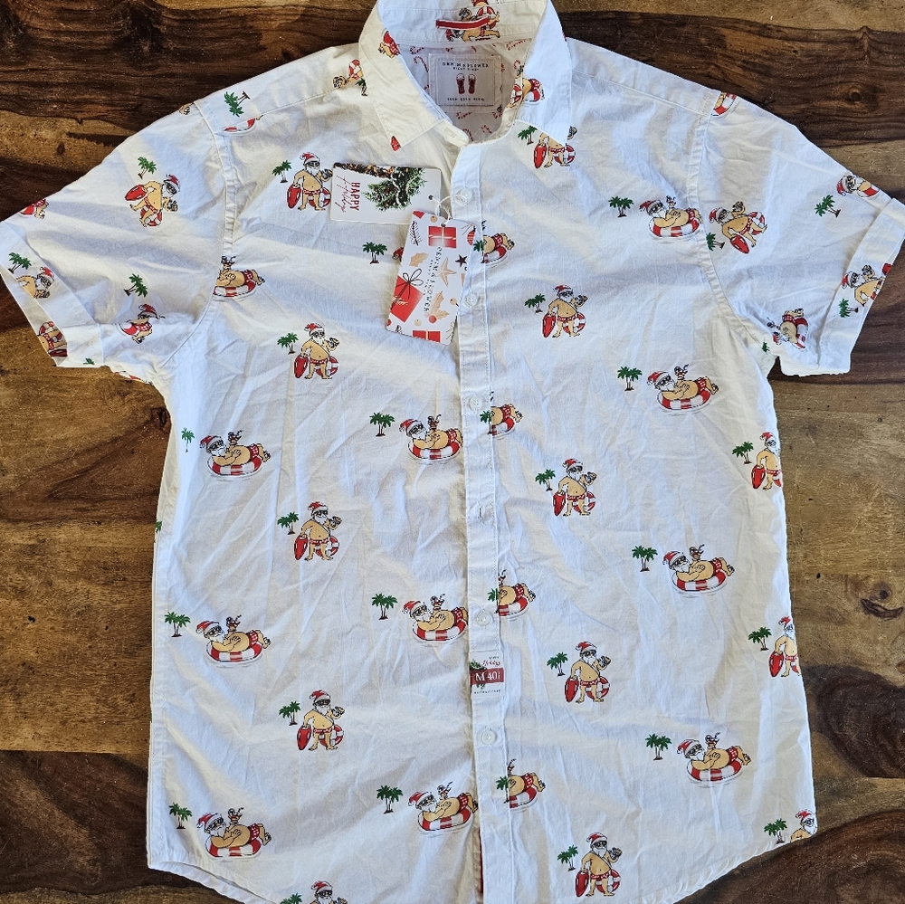 Denim & Flower Ricky Singh Christmas Shirt Mens M Santa Claus Water Swimming NWT